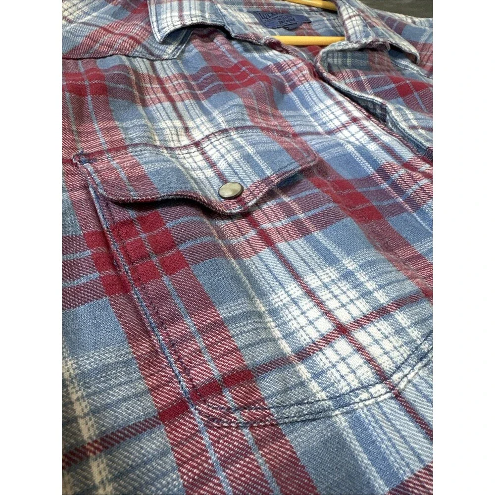 J Crew Men’s Flannel Snap Long Sleeve Short Blue Red White XXL Cotton Fortune